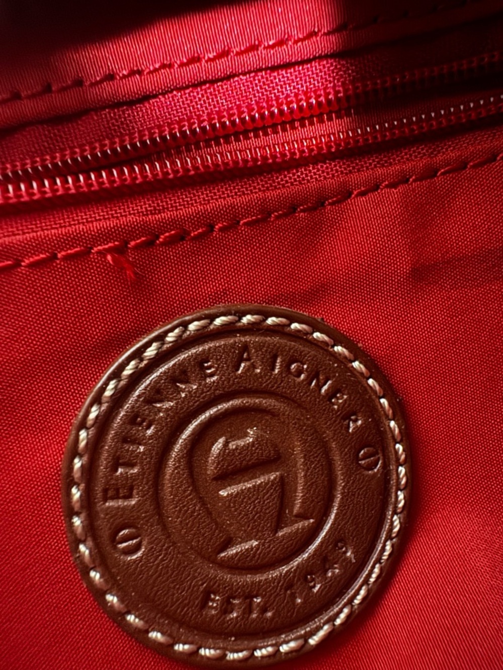 Etienne Aigner Red Canvas Tote with Brown Trim and Ring Accents - Picture 5 of 5